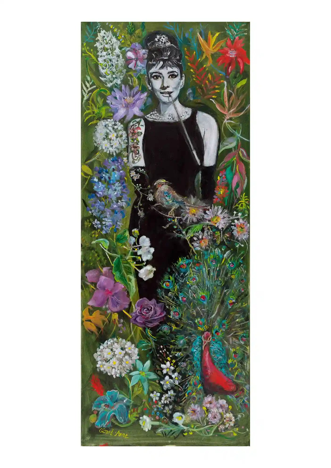 Painting of Audrey Hepburn surrounded by flowers