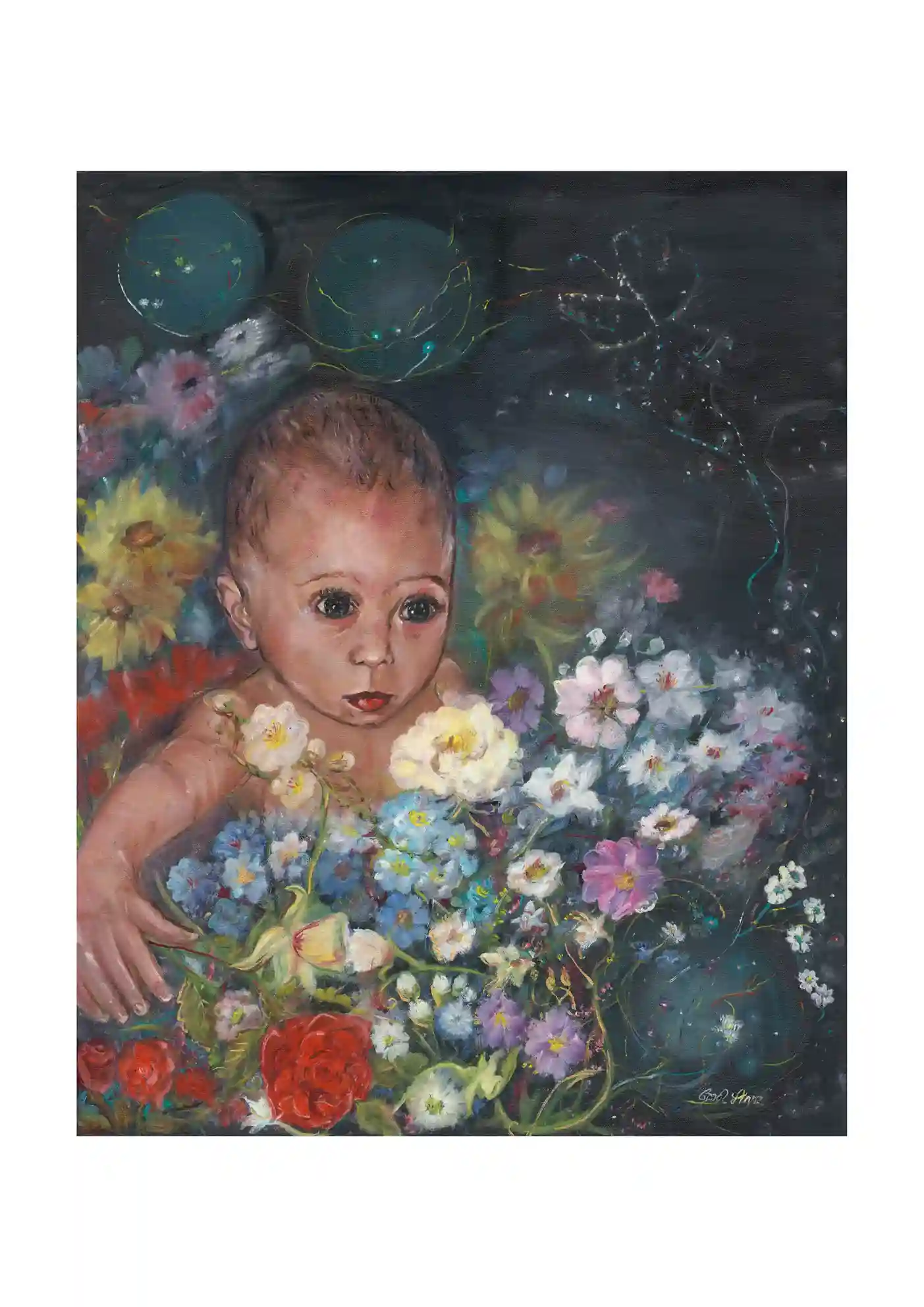 Painting of a baby among colourful flowers