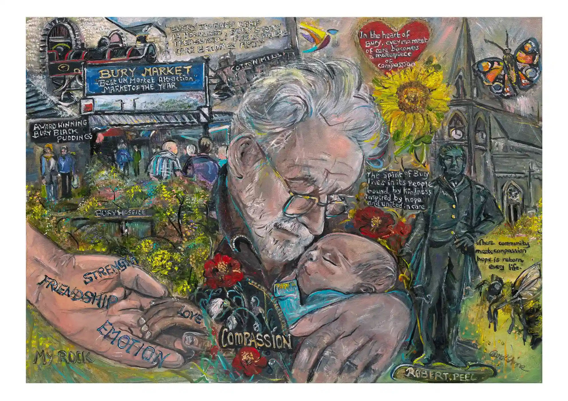 Community tribute painting with an elderly man, a baby and Bury landmarks