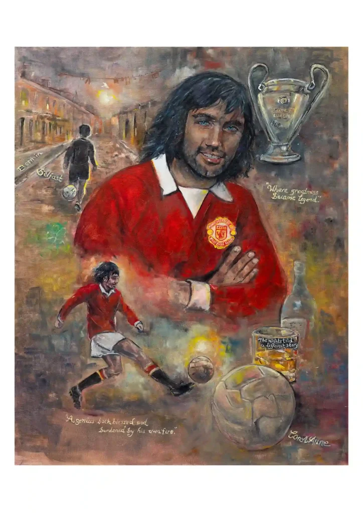 Painted football tribute to George Best in a Manchester United kit