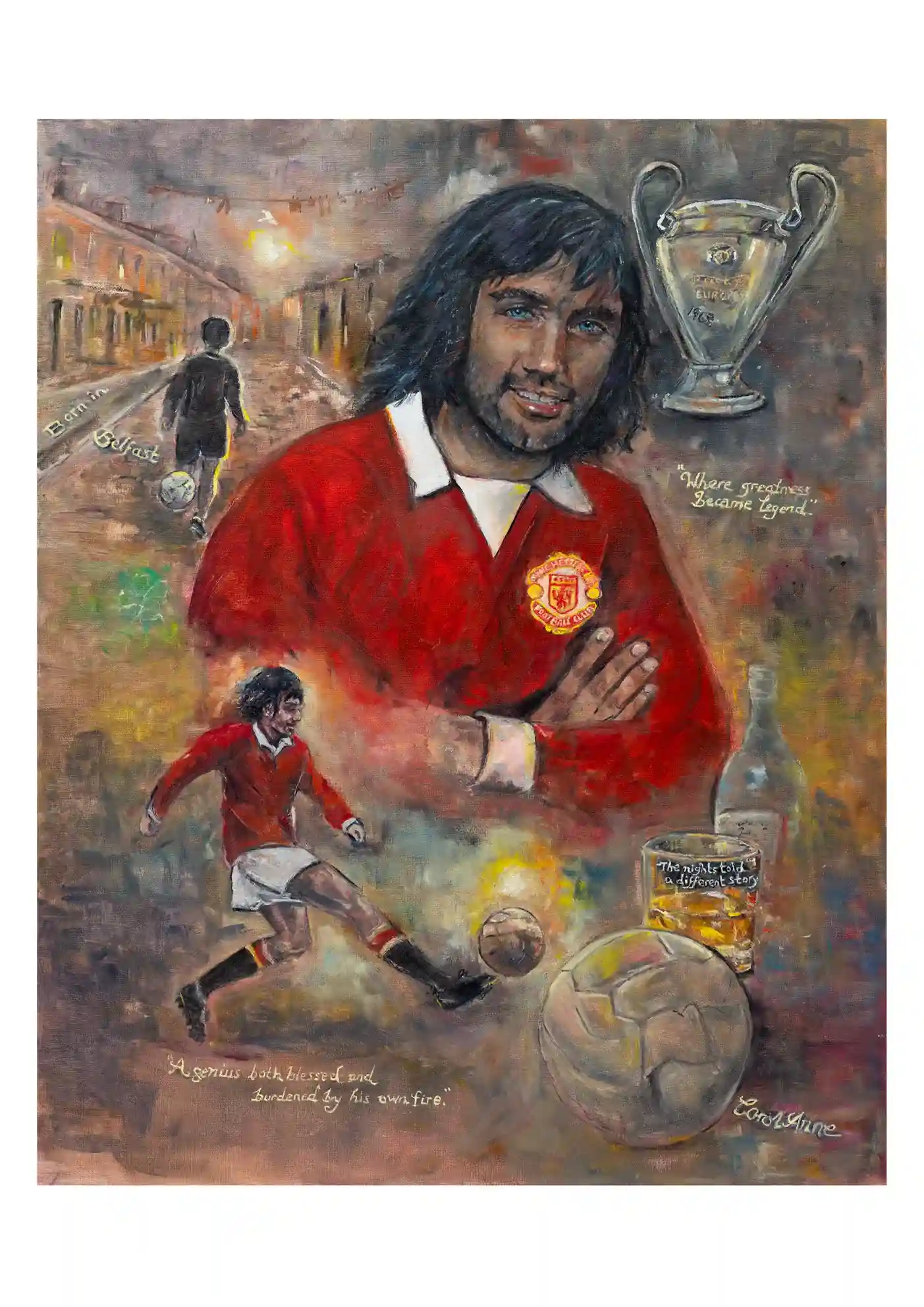 Painted football tribute to George Best in a Manchester United kit