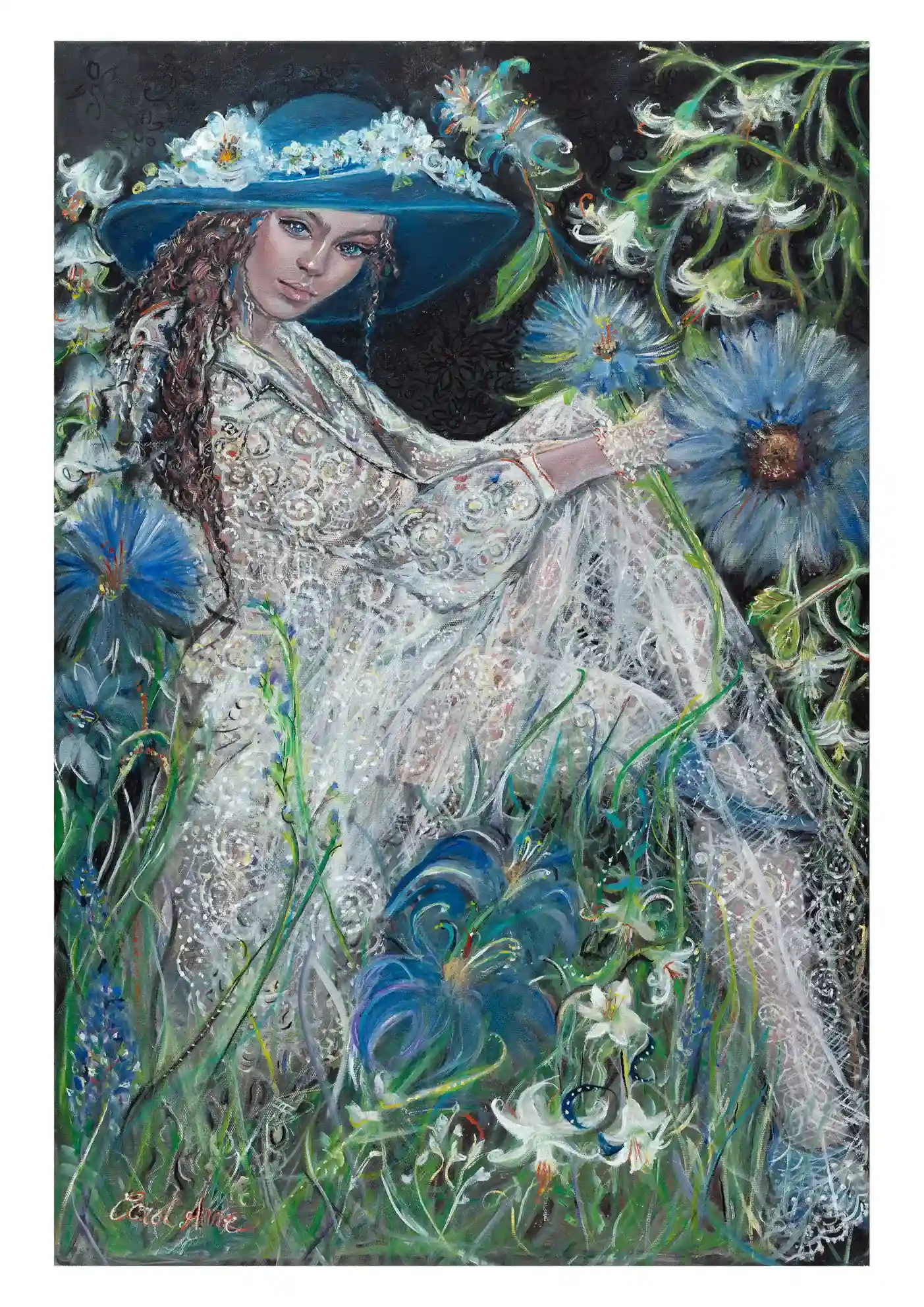 Painting of a woman in a blue hat among blue flowers