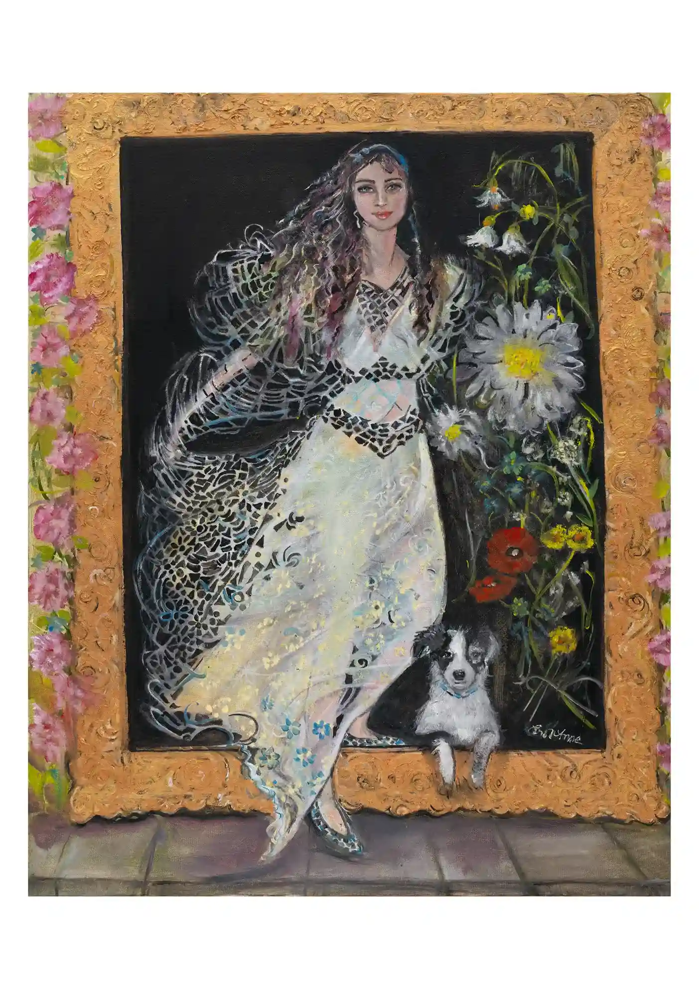Painting of a woman in white lace with a border collie dog