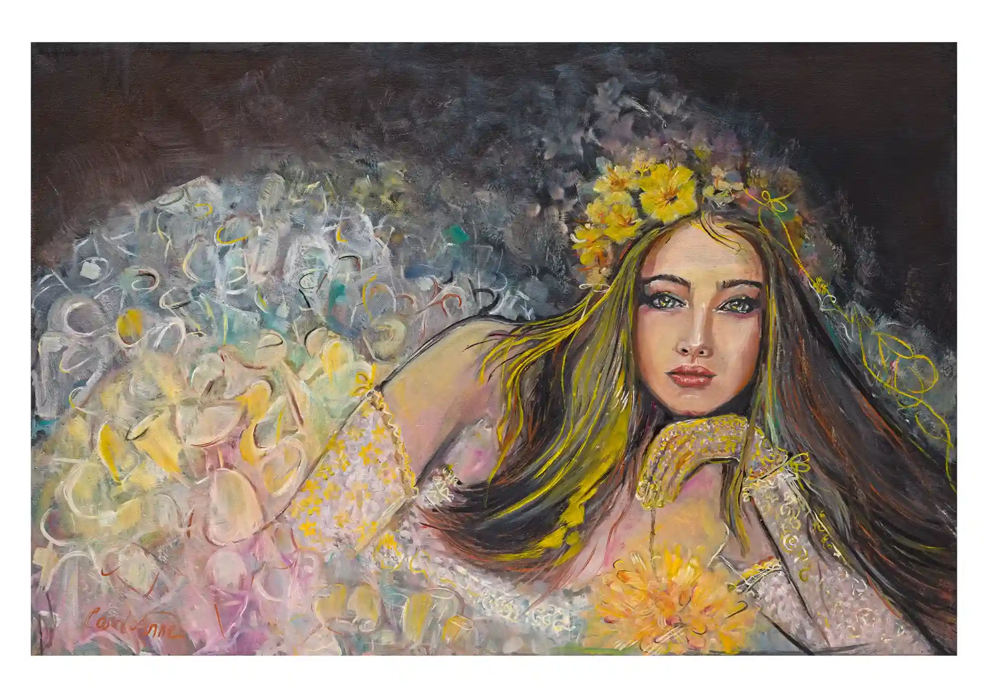 Painting of a woman with a golden flower crown