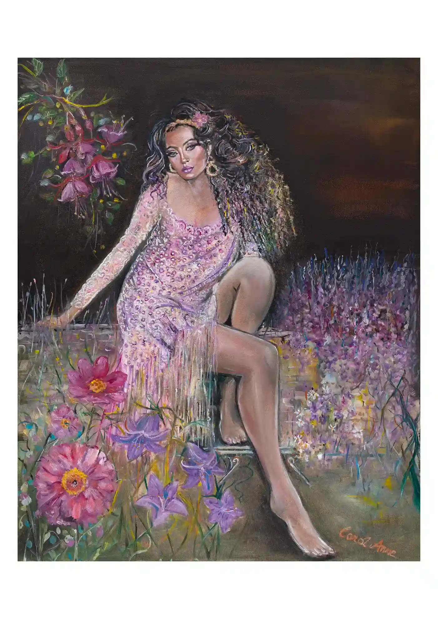 Painting of a woman in a pink sequinned dress among flowers