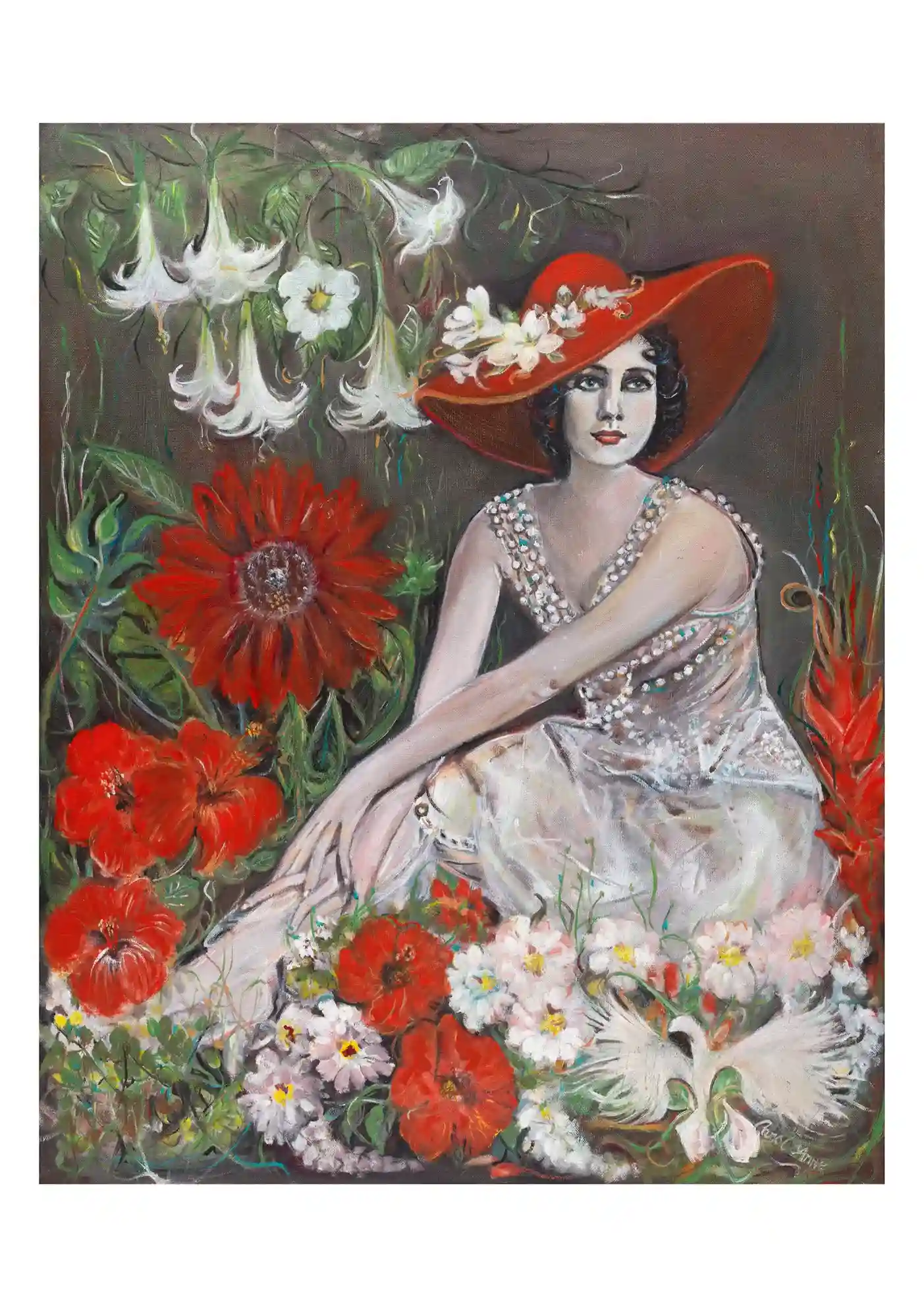 Painting of an elegant woman in a red hat among flowers