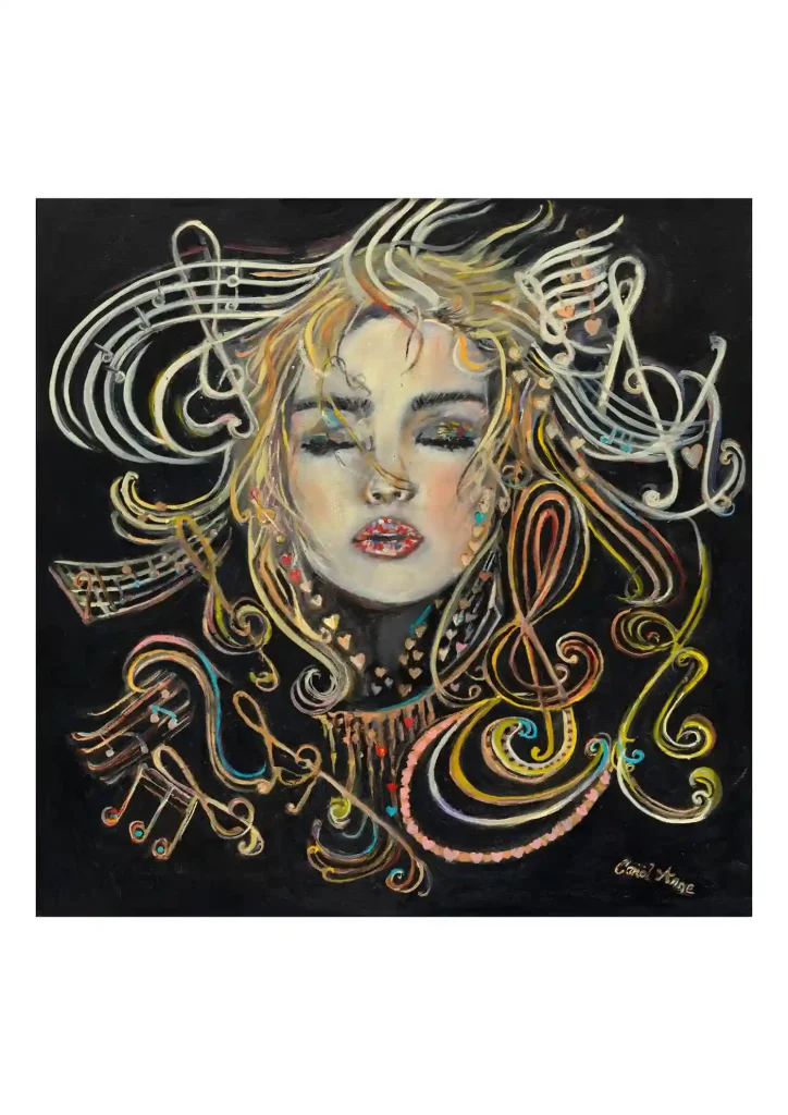 Portrait of a woman with hair flowing into musical notes