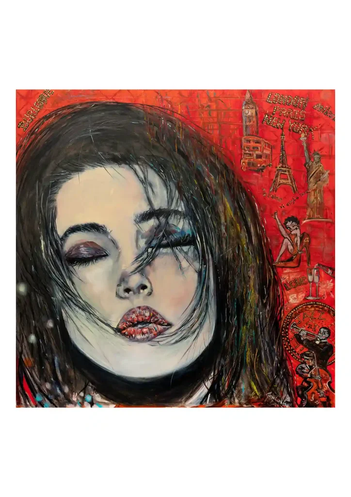 Portrait of a woman on a red background with jazz and city motifs